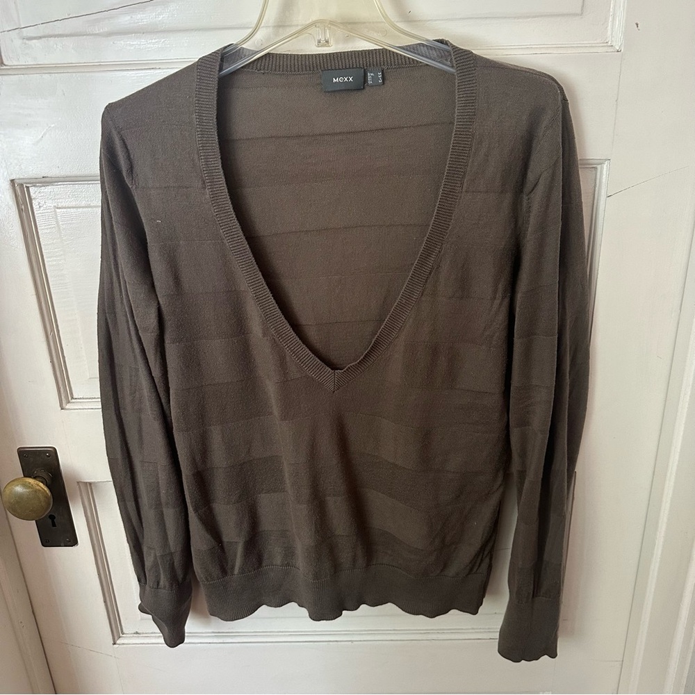 Vintage Mexx Deep V-Neck Sweater Textured Ribbed Monochrome Stripe Army Green